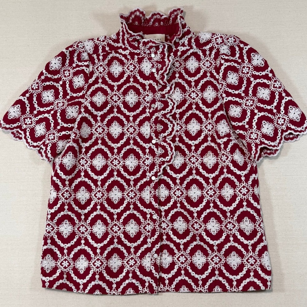 Sezane Dalhia Red White Eyelet Embroidered Ruffle Neck Short Sleeve Blouse 36